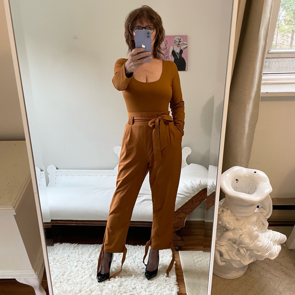 GRACE KARIN PAPER BAG PANTS ANKLE TIES STRETCH WAIST HIGH RISE BELT POCKETS RUST